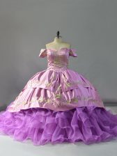 Attractive Off The Shoulder Sleeveless Chapel Train Lace Up 15th Birthday Dress Lavender Organza