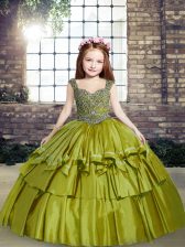  Olive Green Ball Gowns Taffeta Straps Sleeveless Beading Floor Length Lace Up Little Girls Pageant Gowns