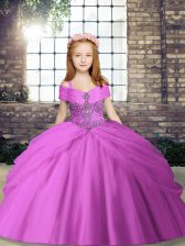  Lilac Tulle Lace Up Pageant Gowns For Girls Sleeveless Floor Length Beading