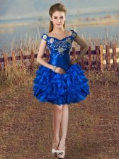 Cute Royal Blue Lace Up Off The Shoulder Embroidery and Ruffles Prom Party Dress Organza Sleeveless