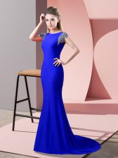Clearance Royal Blue Mermaid Elastic Woven Satin High-neck Short Sleeves Beading Backless Prom Party Dress Brush Train