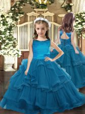 Elegant Teal Ball Gowns Ruffled Layers Kids Pageant Dress Lace Up Tulle Sleeveless Floor Length