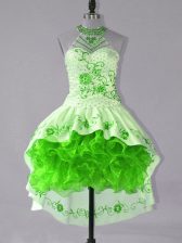 Clearance Sleeveless Satin and Organza High Low Lace Up Dress for Prom in Green with Embroidery and Ruffles