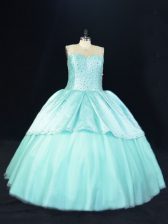 High End Floor Length Ball Gowns Sleeveless Aqua Blue Quinceanera Gowns Lace Up
