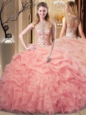 Exceptional Peach Organza Lace Up Ball Gown Prom Dress Sleeveless Floor Length Beading and Ruffles and Pick Ups