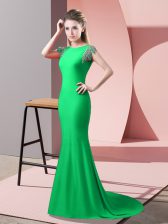 Colorful Green Mermaid Beading Prom Dresses Backless Elastic Woven Satin Short Sleeves