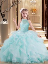 Customized Light Blue Ball Gowns High-neck Sleeveless Tulle Brush Train Lace Up Beading and Ruffles Little Girl Pageant Gowns
