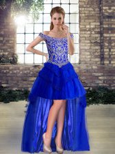  Off The Shoulder Sleeveless Prom Evening Gown High Low Beading and Lace Royal Blue Tulle