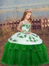  Green Ball Gowns Tulle Straps Sleeveless Embroidery Floor Length Zipper Kids Pageant Dress