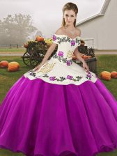 Sleeveless Floor Length Embroidery Lace Up Vestidos de Quinceanera with White And Purple
