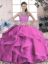 Flirting Beading and Lace and Ruffles Ball Gown Prom Dress Lilac Lace Up Sleeveless Floor Length