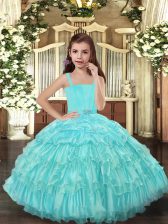 High Quality Floor Length Ball Gowns Sleeveless Aqua Blue Kids Formal Wear Lace Up