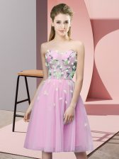  Sweetheart Sleeveless Quinceanera Court of Honor Dress Knee Length Appliques Rose Pink Tulle