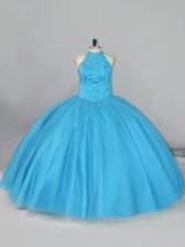  Aqua Blue Ball Gowns Tulle Halter Top Sleeveless Beading and Lace Lace Up Quince Ball Gowns Brush Train