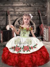 Simple White And Red Sleeveless Organza Lace Up Little Girl Pageant Gowns for Wedding Party