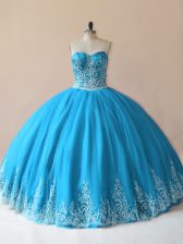  Sleeveless Tulle Floor Length Lace Up Ball Gown Prom Dress in Baby Blue with Embroidery