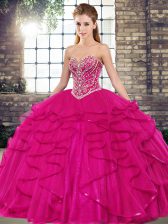 Fuchsia Tulle Lace Up Sweetheart Sleeveless Floor Length Sweet 16 Dress Beading and Ruffles