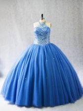 Best Blue Halter Top Neckline Beading 15th Birthday Dress Sleeveless Lace Up