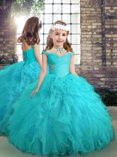 Best Floor Length Aqua Blue Little Girls Pageant Gowns Tulle Sleeveless Beading and Ruffles