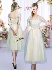  Champagne V-neck Neckline Lace and Bowknot Vestidos de Damas Half Sleeves Lace Up