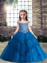  Blue Sleeveless Tulle Lace Up Little Girls Pageant Gowns for Party and Wedding Party