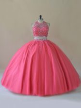 Shining Coral Red Ball Gown Prom Dress Sweet 16 and Quinceanera with Beading Halter Top Sleeveless Backless