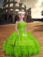  Sleeveless Satin and Organza Floor Length Zipper Little Girl Pageant Dress in Yellow Green with Embroidery and Ruffled Layers