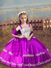  Fuchsia Ball Gowns Satin Straps Sleeveless Beading and Embroidery Floor Length Lace Up Child Pageant Dress