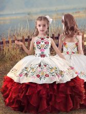  Embroidery and Ruffles Kids Formal Wear White And Red Lace Up Sleeveless Floor Length