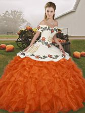  Orange Red 15th Birthday Dress Military Ball and Sweet 16 and Quinceanera with Embroidery and Ruffles Off The Shoulder Sleeveless Lace Up