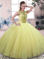  Yellow Green Lace Up Ball Gown Prom Dress Beading Sleeveless Floor Length