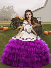  Purple Organza Lace Up Little Girls Pageant Dress Sleeveless Floor Length Embroidery and Ruffled Layers