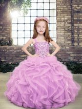  Lavender Ball Gowns Tulle Straps Sleeveless Beading and Ruffles Floor Length Lace Up Child Pageant Dress