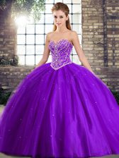  Sweetheart Sleeveless Tulle Quinceanera Gowns Beading Brush Train Lace Up