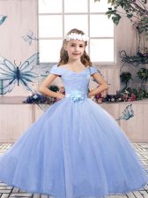 Great Light Blue Ball Gowns Off The Shoulder Sleeveless Tulle Floor Length Lace Up Lace and Belt Pageant Dress for Teens