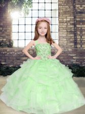Super Apple Green Lace Up Straps Beading and Ruffles Little Girls Pageant Dress Tulle Sleeveless