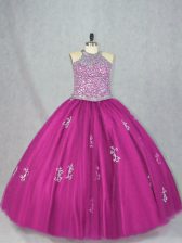  Fuchsia Tulle Lace Up Halter Top Sleeveless Floor Length Quinceanera Gown Beading and Appliques