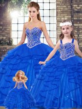 Chic Royal Blue Tulle Lace Up 15th Birthday Dress Sleeveless Floor Length Beading and Ruffles