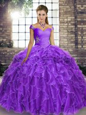Smart Lavender Sleeveless Organza Brush Train Lace Up Vestidos de Quinceanera for Military Ball and Sweet 16 and Quinceanera