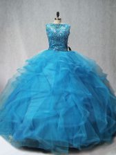 Ideal Aqua Blue Quinceanera Gown Tulle Brush Train Sleeveless Beading and Ruffles