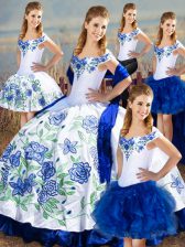  Blue And White Lace Up 15 Quinceanera Dress Embroidery and Ruffles Sleeveless Floor Length
