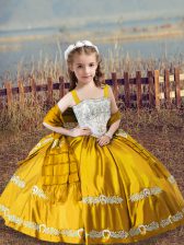  Sleeveless Satin Floor Length Lace Up Little Girls Pageant Gowns in Gold with Beading and Embroidery