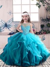 Glorious Blue Ball Gowns Scoop Sleeveless Tulle Floor Length Lace Up Beading and Ruffles Pageant Gowns For Girls