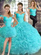 Customized Three Pieces 15th Birthday Dress Aqua Blue Off The Shoulder Fabric With Rolling Flowers Sleeveless Floor Length Lace Up