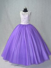 Discount Sleeveless Tulle Floor Length Lace Up 15th Birthday Dress in Lavender with Lace