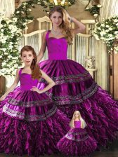 Extravagant Halter Top Sleeveless Lace Up Sweet 16 Quinceanera Dress Fuchsia Organza