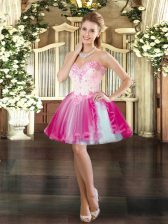  Fuchsia Tulle Lace Up Sweetheart Sleeveless Mini Length Prom Party Dress Beading