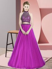 Traditional Fuchsia Homecoming Dress Prom and Party with Beading Halter Top Sleeveless