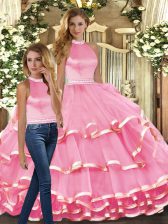  Floor Length Ball Gowns Sleeveless Pink Quince Ball Gowns Backless