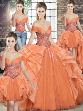  Orange Lace Up Off The Shoulder Beading and Ruffles Vestidos de Quinceanera Organza Sleeveless